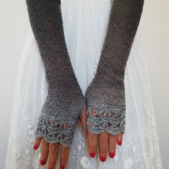 Midnight Shadows Handmade Knit Fingerless Long Gloves Ombre Grey to Black - Picture 3 of 7